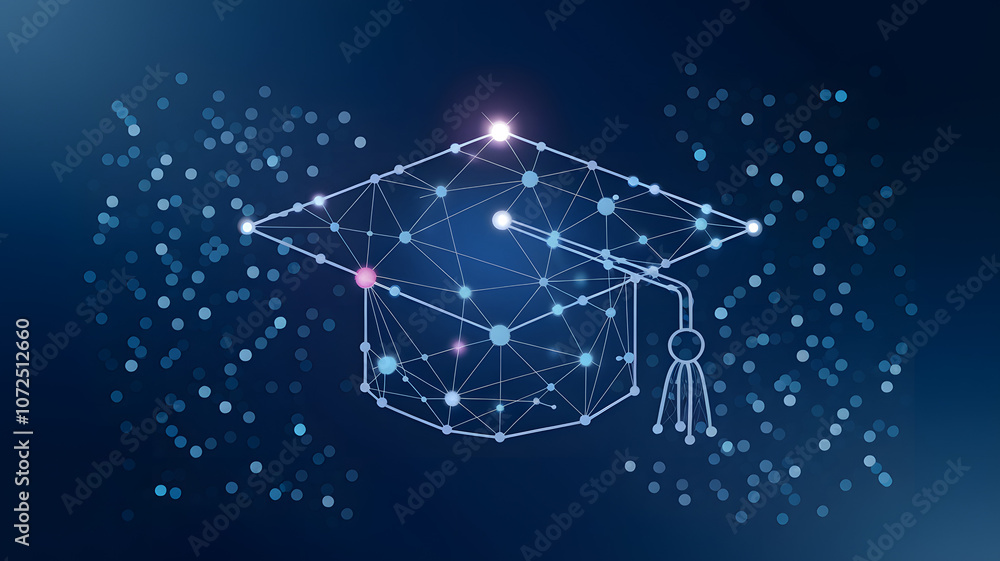Fototapeta premium A digital representation of a graduation cap embedded with network connections illuminating against a dark background