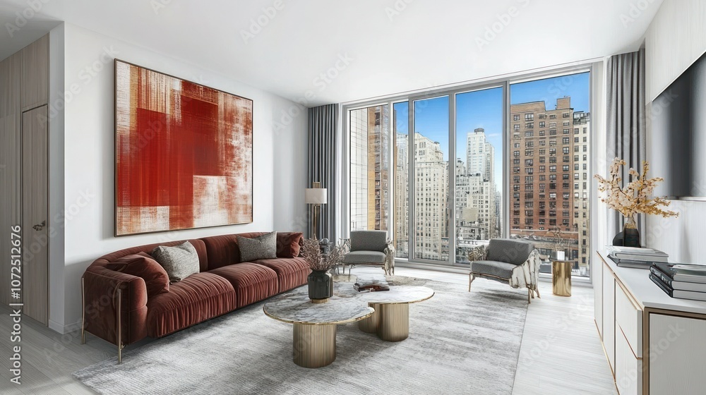 Modern Living Room with City View and Abstract Art Modern Living Room with City View and Abstract Art