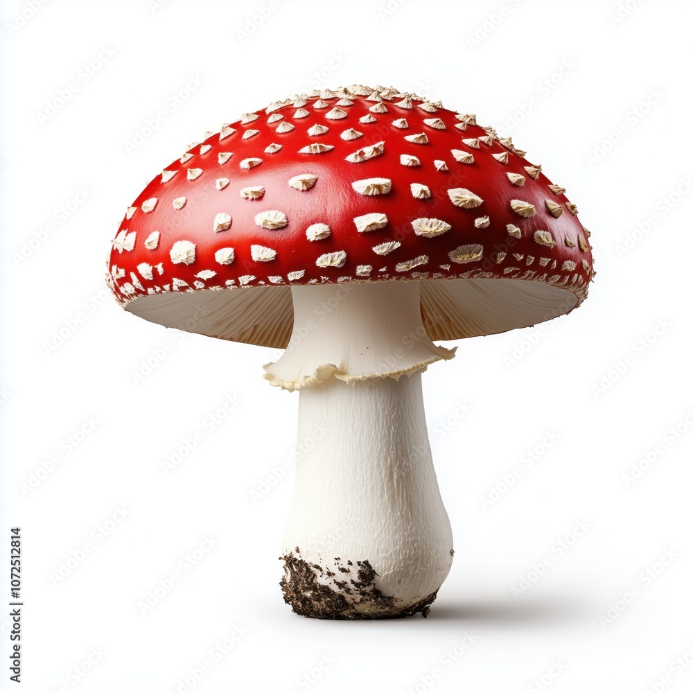 A solitary Amanita muscaria mushroom showcases its brilliant red cap adorned with white dots A solitary Amanita muscaria mushroom showcases its brilliant red cap adorned with white dots