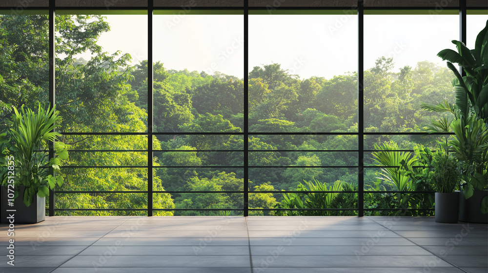 Naklejka premium Rich VIP House Balcony in Exotic Forest. Natural SPA Resort Hotel, Large Panoramic Windows. Royal VIP Real Estate Business Texture. Rich Contemporary Minimal Architecture, Outdoor Deck Balcony.