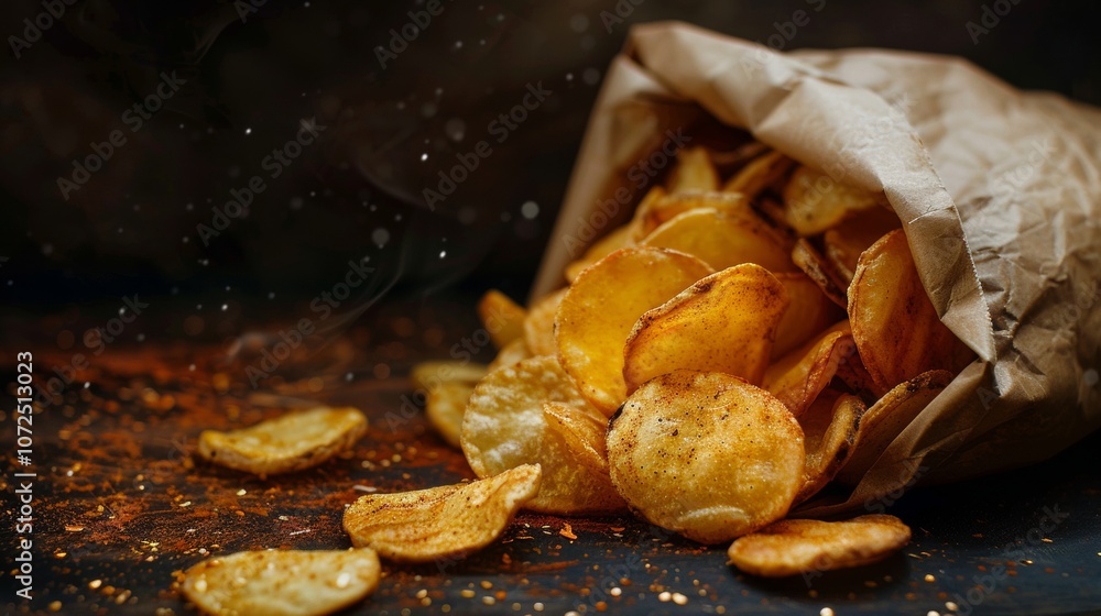 Bag of crispy potato chips with seasoning Bag of crispy potato chips with seasoning