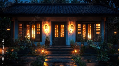 A traditional Asian home with lit windows and a pathway leading to the entrance.