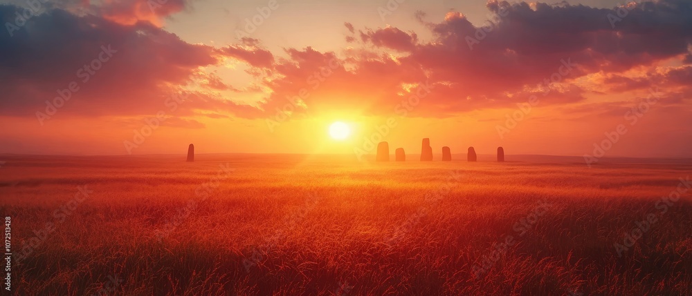 Fototapeta premium Silhouettes of ancient structures in a golden field at sunset.