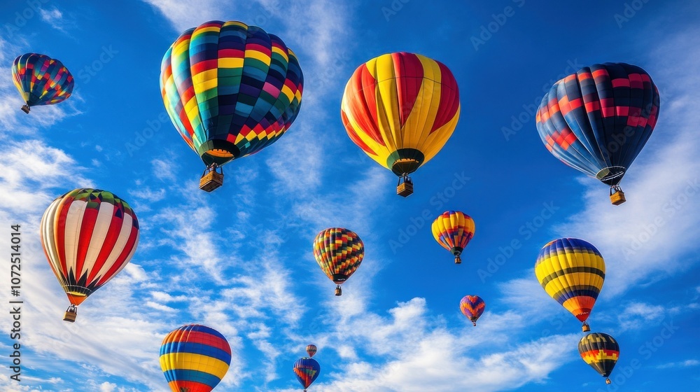 Colorful Hot Air Balloons Soaring Through a Blue Sky with White Clouds Colorful Hot Air Balloons Soaring Through a Blue Sky with White Clouds