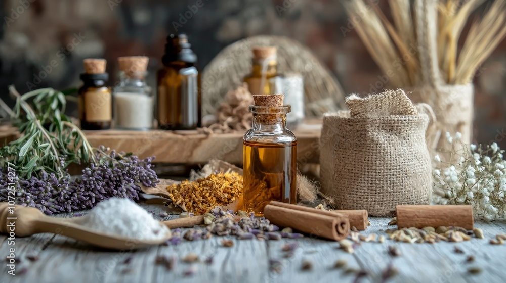 Natural wellness products with dried herbs and essential oils Natural wellness products with dried herbs and essential oils
