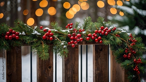 Christmas holiday lush garland of pine branches red berries mini ornaments fairy lights rustic wooden railing warm bokeh festive inviting vibe