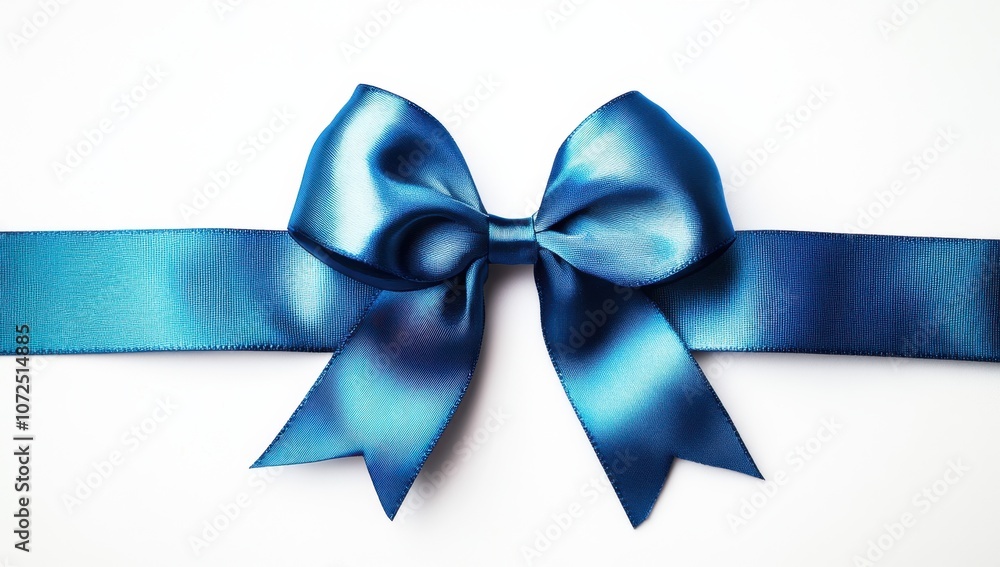 Blue ribbon with a bow, isolated on a white background, in a flat lay composition Blue ribbon with a bow, isolated on a white background, in a flat lay composition