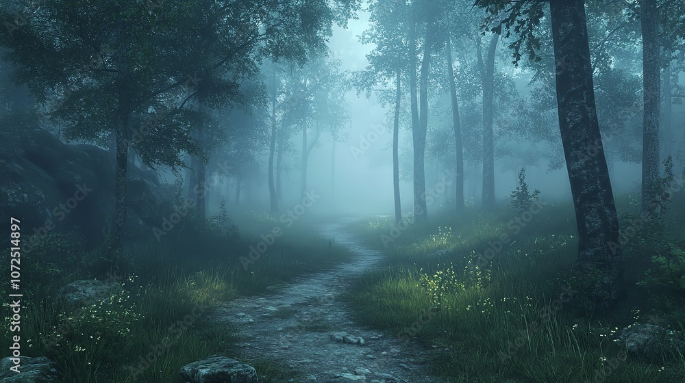 Naklejka premium Foggy Forest Trail Leading into the Unknown