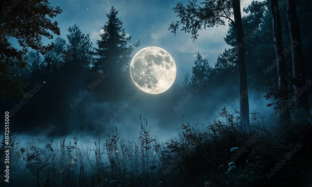 A Full Moon Illuminates a Foggy Forest with Fireflies A Full Moon Illuminates a Foggy Forest with Fireflies
