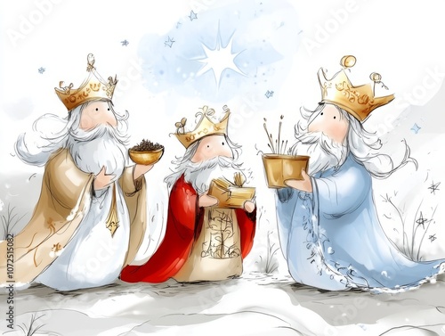 Illustration of the Three Wise Men presenting gifts, symbolizing the Three Kings Day celebration. photo