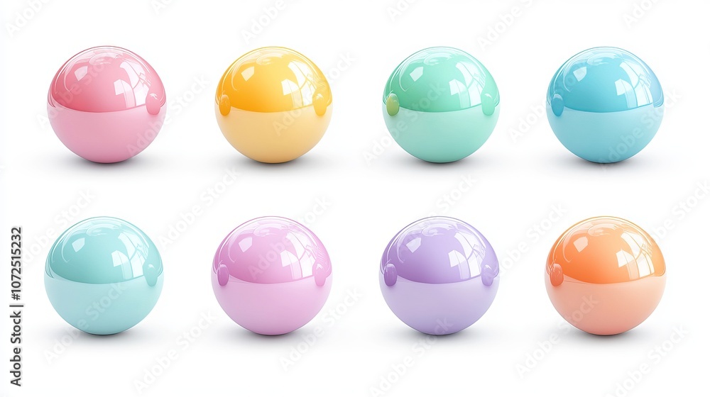 A collection of pastelcolored glossy 3D ball spheres realistic and isolated with shadows A collection of pastelcolored glossy 3D ball spheres realistic and isolated with shadows
