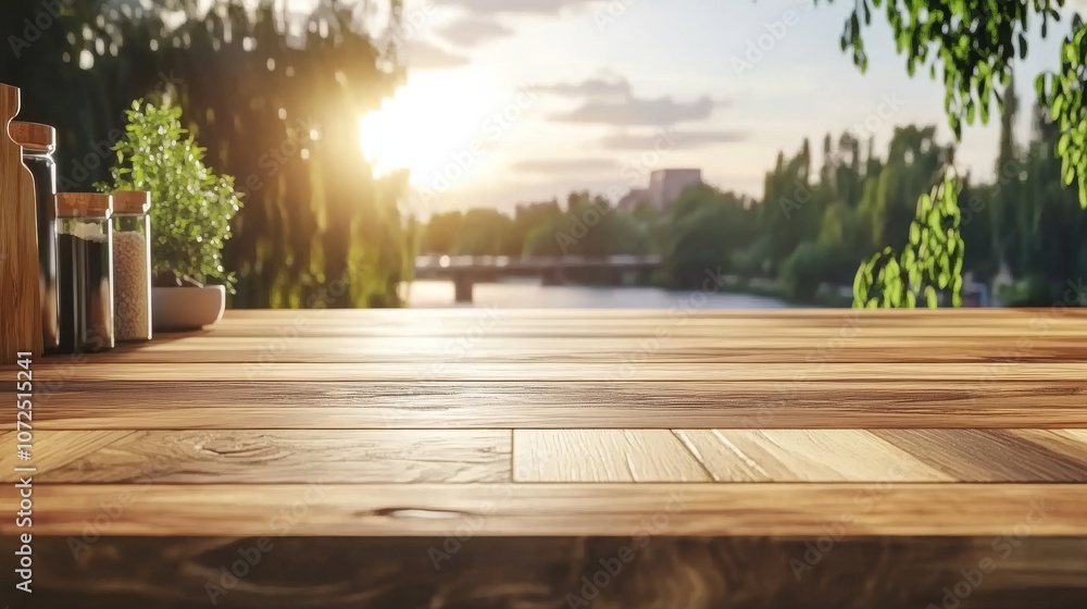 Wooden table overlooking a calm river at sunset, serene outdoor view with greenery, tranquil evening on a riverside Wooden table overlooking a calm river at sunset, serene outdoor view with greenery, tranquil evening on a riverside