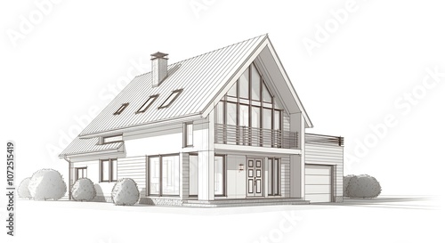 Modern House Line Drawing, Minimalist Architectural Sketch, Simple House Blueprint Illustration, Contemporary Home Outline Art, Clean Line Art of Residential Building.
