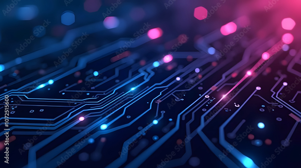 Futuristic circuit lines with red and blue light glowing effects. Futuristic circuit lines with red and blue light glowing effects.