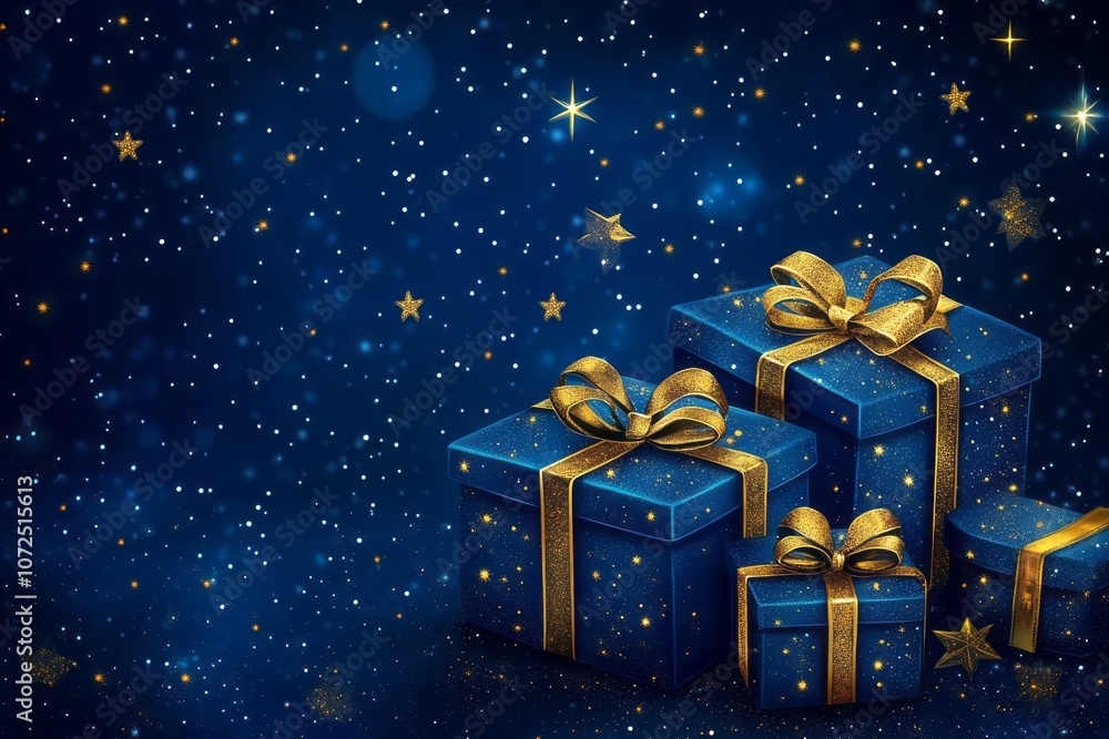 Blue Gift Boxes with Golden Bows and Stars on a Night Sky Background Blue Gift Boxes with Golden Bows and Stars on a Night Sky Background