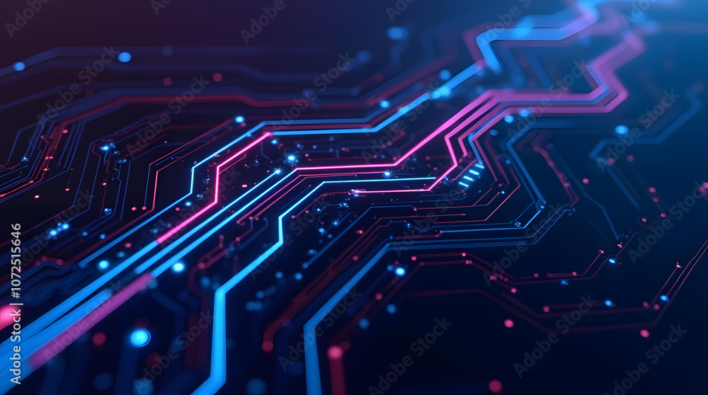 Futuristic circuit lines with red and blue light glowing effects. Futuristic circuit lines with red and blue light glowing effects.