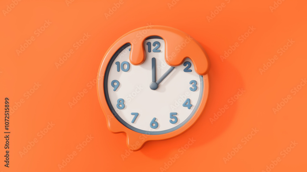 A whimsical, melting clock design in orange, featuring blue numbers and hands against a vibrant orange backdrop, creating a playful yet artistic vibe.
