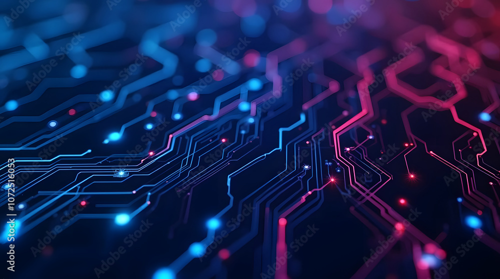 Futuristic circuit lines with red and blue light glowing effects. Futuristic circuit lines with red and blue light glowing effects.