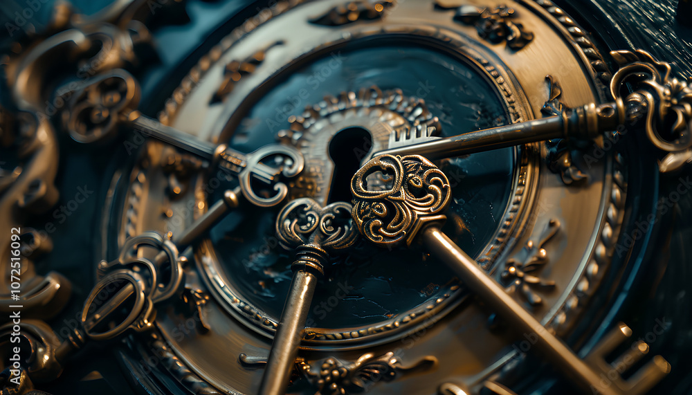 Fototapeta premium Vintage victorian style golden skeleton keys with centered around a silver lock. Concepts of unlocking potential, keys to success, or security solutions