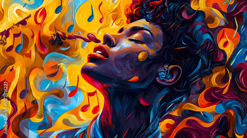 A mesmerizing portrait of a singer immersed in a vibrant world of swirling colors and music notes, radiating passion and creativity. Vibrant. Illustration