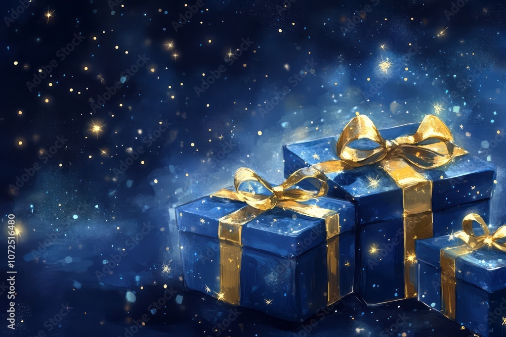 Three Blue Gift Boxes with Golden Ribbons and Confetti on a Blue Background Three Blue Gift Boxes with Golden Ribbons and Confetti on a Blue Background