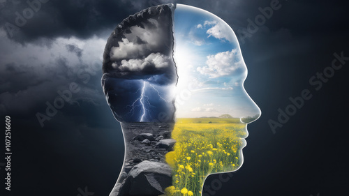 A conceptual image depicting the duality of the human mind with stormy clouds on one side and a bright, sunny landscape on the other, symbolizing contrast. photo