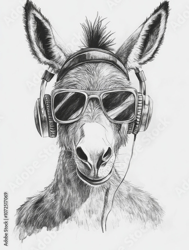 A cool donkey wearing sunglasses and headphones, embracing a relaxed vibe in a black and white minimalistic style