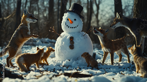 Wallpaper Mural Foxes and a snowman in a snowy forest Torontodigital.ca