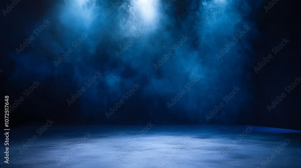 Blue misty background with foggy light beams, mysterious stage scene with blue smoke, atmospheric eerie vibe, moody lighting effect Blue misty background with foggy light beams, mysterious stage scene with blue smoke, atmospheric eerie vibe, moody lighting effect
