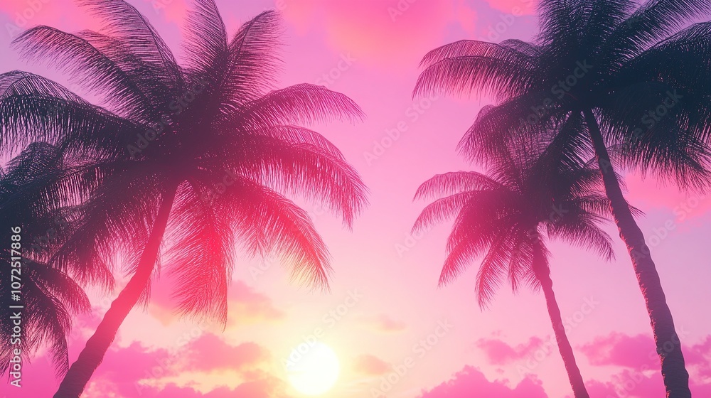 Palm tree silhouette at pink and purple sunset. Palm tree silhouette at pink and purple sunset.