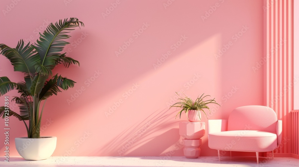 Modern minimal interior with pink armchair and houseplants Modern minimal interior with pink armchair and houseplants
