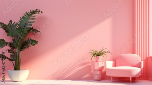 Modern minimal interior with pink armchair and houseplants