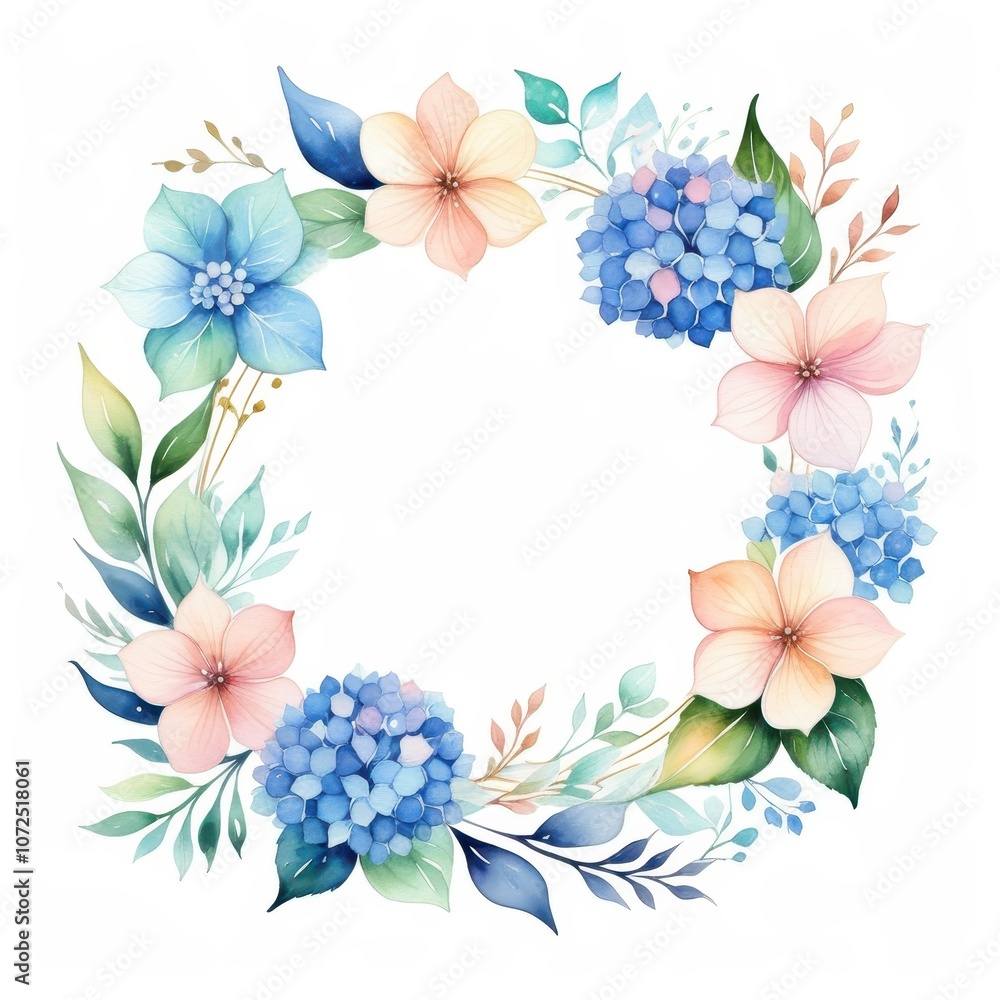 Delicate watercolor hydrangea wreath featuring soft blue and blush flowers with leaves, placed on a white surface Delicate watercolor hydrangea wreath featuring soft blue and blush flowers with leaves, placed on a white surface