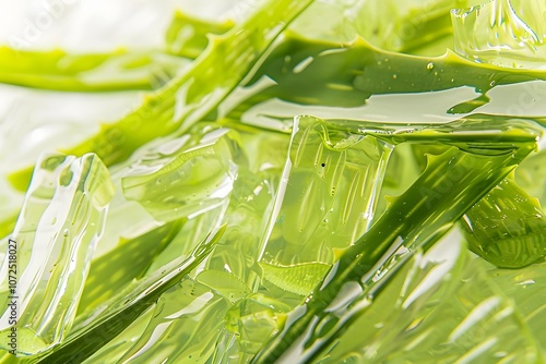 Close-up of translucent green plant material, possibly seaweed or gelatin.