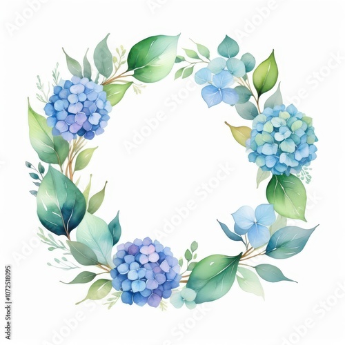 Elegant floral watercolor wreath of hydrangeas in blush and blue tones with leafy details, styled on a white canvas