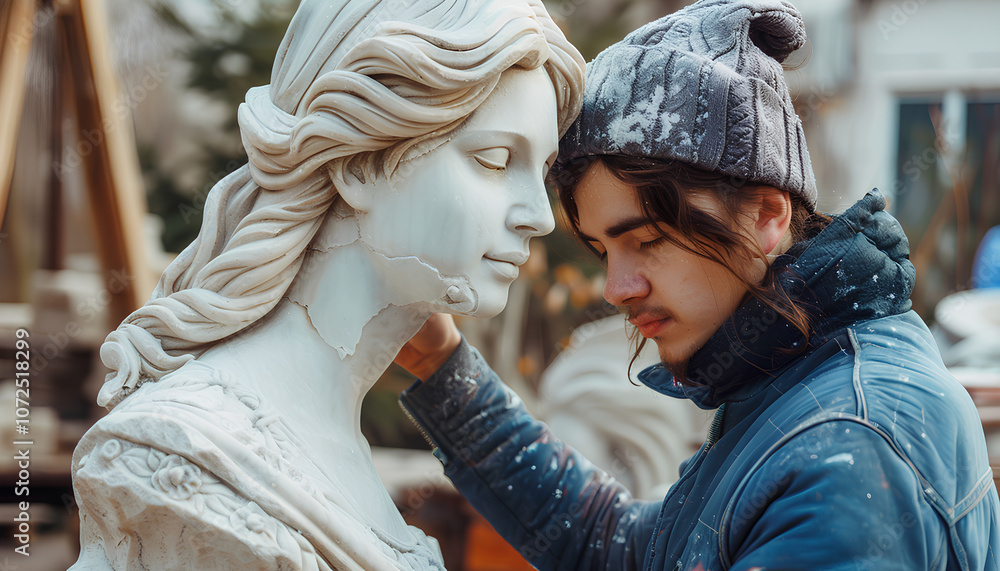 Male sculptor sculpts realistic statue of woman from stone Male sculptor sculpts realistic statue of woman from stone