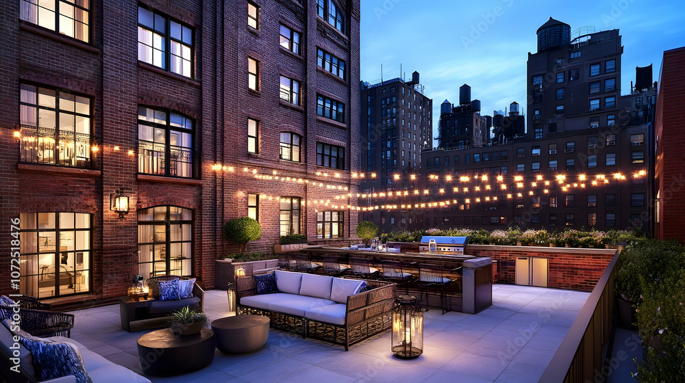 Obraz premium A furnished rooftop patio with a city skyline view at dusk.