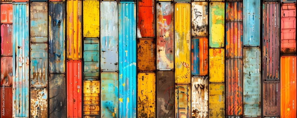 Fototapeta premium A vibrant arrangement of colorful, weathered shipping containers creating a textured backdrop.