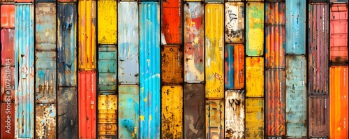 A vibrant arrangement of colorful, weathered shipping containers creating a textured backdrop.