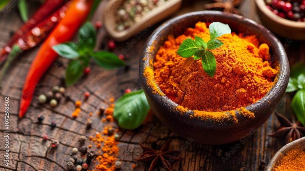 Spicy paprika powder with fresh herbs and chili peppers Spicy paprika powder with fresh herbs and chili peppers