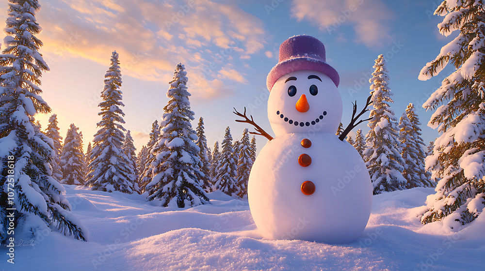 Obraz premium Smiling snowman in snowy forest at sunset