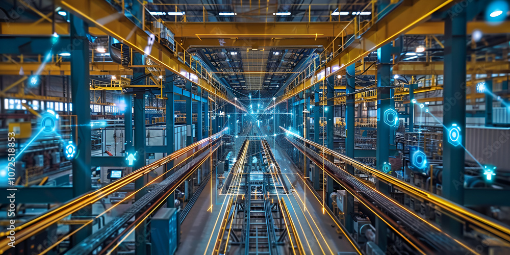Digital Network Integration in High-Tech Manufacturing Facility, Industrial Data Flow in Modern Automated Factory Digital Network Integration in High-Tech Manufacturing Facility, Industrial Data Flow in Modern Automated Factory