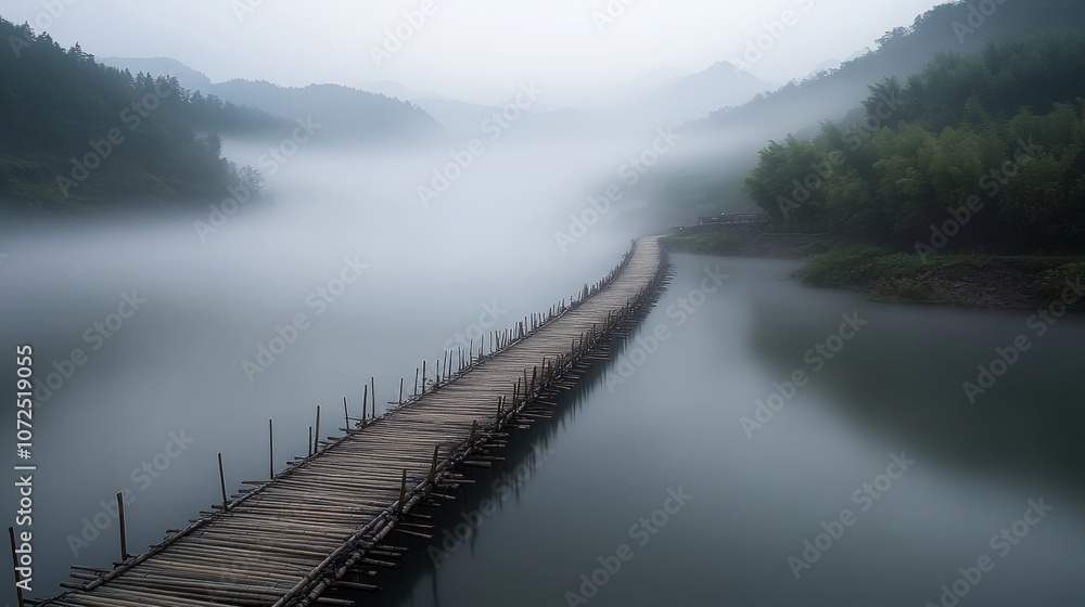 Serene misty landscape with wooden bridge over calm water, peaceful foggy morning scenery, tranquil nature view, mist and water Serene misty landscape with wooden bridge over calm water, peaceful foggy morning scenery, tranquil nature view, mist and water