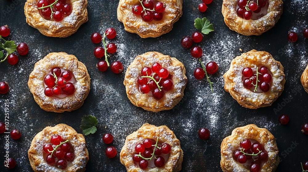 Mini red currant galettes with flaky crusts, isolated on a dark background with clusters of currants and a touch of powdered sugar Mini red currant galettes with flaky crusts, isolated on a dark background with clusters of currants and a touch of powdered sugar