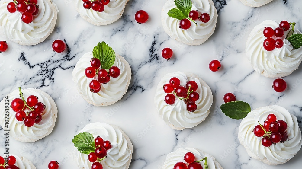 Mini red currant pavlovas with whipped cream, isolated on a marble background with fresh currant sprigs for a pop of color Mini red currant pavlovas with whipped cream, isolated on a marble background with fresh currant sprigs for a pop of color