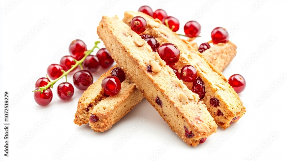 Red currant almond biscotti, isolated on a white background, with currants and a hint of almond Red currant almond biscotti, isolated on a white background, with currants and a hint of almond