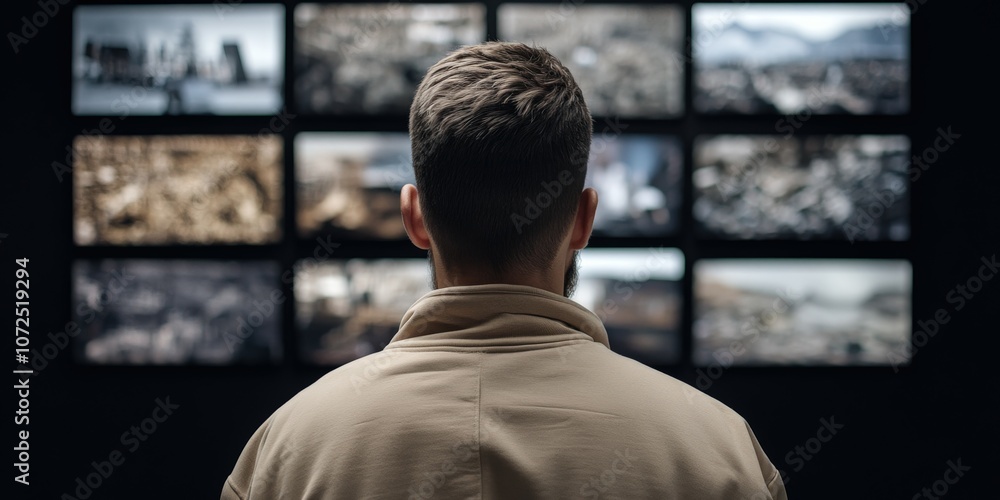 Man watching multiple screens in a dark room Man watching multiple screens in a dark room