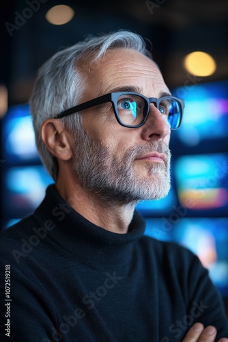 Thoughtful man in glasses reflects on his work in a modern office setting