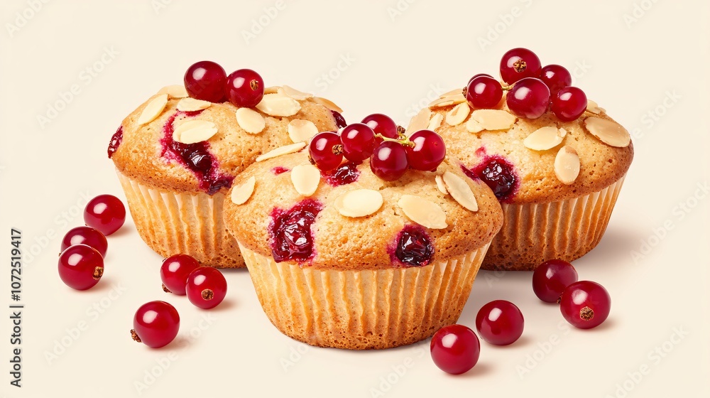 Red currant and almond muffins with a golden crust, isolated on a light tan background with small red currant clusters as garnish Red currant and almond muffins with a golden crust, isolated on a light tan background with small red currant clusters as garnish