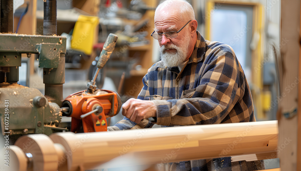 Shot of determined wood turner selecting and carrying workpieces to measure, calculate right size. using hand and power tools to cut, shape, rotate, smooth, balance wood fixtures based on requirements Shot of determined wood turner selecting and carrying workpieces to measure, calculate right size. using hand and power tools to cut, shape, rotate, smooth, balance wood fixtures based on requirements